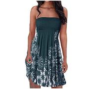 EMATOP Damen Boho Kleid Bandeau Sommerkleid Elegant Kurz Freizeitkleid Trägerlos Ärmellos Party Strandkleid Cocktailkleid Farbverlauf Blumen Druck Minikleid Stretch Hohe Taille Faltenkleid