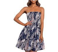EMATOP Damen Boho Kleid Bandeau Sommerkleid Elegant Kurz Freizeitkleid Trägerlos Ärmellos Party Strandkleid Cocktailkleid Farbverlauf Blumen Druck Minikleid Stretch Hohe Taille Faltenkleid
