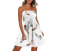 EMATOP Damen Boho Kleid Bandeau Sommerkleid Elegant Kurz Freizeitkleid Trägerlos Ärmellos Party Strandkleid Cocktailkleid Farbverlauf Blumen Druck Minikleid Stretch Hohe Taille Faltenkleid