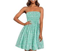 EMATOP Damen Boho Kleid Bandeau Sommerkleid Elegant Kurz Freizeitkleid Trägerlos Ärmellos Party Strandkleid Cocktailkleid Farbverlauf Blumen Druck Minikleid Stretch Hohe Taille Faltenkleid