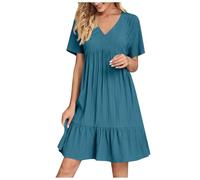 EMATOP Damen Kleider Elegant Leicht Sommerkleid Knielang Minikleid Kurzarm Casual Strandkleid V-Ausschnitt Sexy Freizeitkleider Bequemes Einfarbig Tunika Kleid Hohe Taille Plissiert Blusenkleid