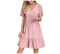 EMATOP Damen Kleider Elegant Leicht Sommerkleid Knielang Minikleid Kurzarm Casual Strandkleid V-Ausschnitt Sexy Freizeitkleider Bequemes Einfarbig Tunika Kleid Hohe Taille Plissiert Blusenkleid