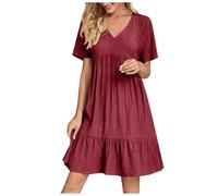 EMATOP Damen Kleider Elegant Leicht Sommerkleid Knielang Minikleid Kurzarm Casual Strandkleid V-Ausschnitt Sexy Freizeitkleider Bequemes Einfarbig Tunika Kleid Hohe Taille Plissiert Blusenkleid