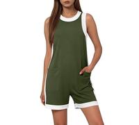 EMATOP Damen Kurz Sommer Playsuit Lässig Rundhals Jumpsuit Ärmellos Einfarbig Overalls Elegant Bequem Einteiler Shorts Casual Lose Latzhose mit Taschen Arbeitshose Baumwolle Sommeroverall