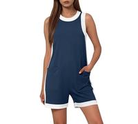 EMATOP Damen Kurz Sommer Playsuit Lässig Rundhals Jumpsuit Ärmellos Einfarbig Overalls Elegant Bequem Einteiler Shorts Casual Lose Latzhose mit Taschen Arbeitshose Baumwolle Sommeroverall