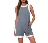 EMATOP Damen Kurz Sommer Playsuit Lässig Rundhals Jumpsuit Ärmellos Einfarbig Overalls Elegant Bequem Einteiler Shorts Casual Lose Latzhose mit Taschen Arbeitshose Baumwolle Sommeroverall