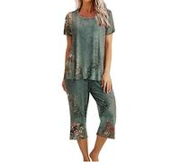 EMATOP Damen Kurzarm Pyjama Set Sommer Baumwolle Schlafanzug 3/4 Lang Hose und Oberteile Tops Nachtwäsche Zweiteiliger Weich Hausanzug Vintage Neuheit Drucke Jogginganzug Elegant Freizeitanzug