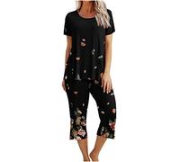 EMATOP Damen Kurzarm Pyjama Set Sommer Baumwolle Schlafanzug 3/4 Lang Hose und Oberteile Tops Nachtwäsche Zweiteiliger Weich Hausanzug Vintage Neuheit Drucke Jogginganzug Elegant Freizeitanzug