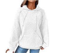 EMATOP Damen Langarm Hoodie Pullover Waffel Baumwolle Sweatshirt mit Kapuze Sport Kapuzenpullover Casual Einfarbig Langarmshirt Herbst Winter Warm Kapuzenpulli Oberteile Vintage Mantel Outwear