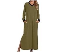 EMATOP Damen Nachthemd Langarm V-Ausschnitt Maxikleid Lässiges Einfarbig Schlafshirt Loose fit Lange Nachtkleid mit Taschen Nachtwäsche Kleider mit Schlitz Baumwolle Schlafkleid Nightdress