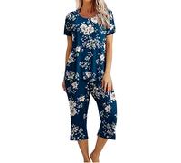 EMATOP Damen Schlafanzug Baumwolle Lässiges Nachtwäsche Sommer Kurz Pyjama Set Kurzarm Shirt mit 3/4 Lange Capri Hose Hausanzug Schön Blumen Druck Sleepshirt und Sommerhose Vintage Freizeitanzug