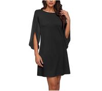EMATOP Damen Sommer Elegant Chiffonkleid 3/4 Ärmel Sexy Sommerkleid Casual Rundhals Minikleid Knielang T-Shirt Kleid Bequem Einfarbig Strandkleid Kurz Leicht Wickelkleid Lässiges Blusenkleid
