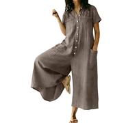 EMATOP Damen Sommer Lang Jumpsuit Baumwolle Leinen Overall Lässig Kurzarm Romper Elegant Einfarbig Weites Bein Sommeroverall Atmungsaktiv Leicht Latzhose mit Knöpfen und Taschen Playsuit