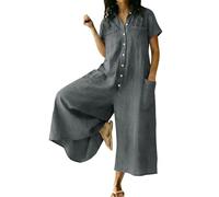EMATOP Damen Sommer Lang Jumpsuit Baumwolle Leinen Overall Lässig Kurzarm Romper Elegant Einfarbig Weites Bein Sommeroverall Atmungsaktiv Leicht Latzhose mit Knöpfen und Taschen Playsuit