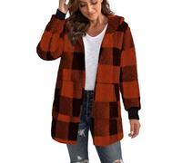 EMATOP Damen Teddy Fleece Mantel Warm Langarm Wolljacke Lässige Karierte Winterjacke mit Kapuze Fleecejacke Flauschig Lange Teddyjacke Winter Elegant Plüschjacke Weich Bequem Jacke Sweatjacke