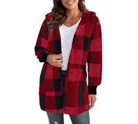 EMATOP Damen Teddy Fleece Mantel Warm Langarm Wolljacke Lässige Karierte Winterjacke mit Kapuze Fleecejacke Flauschig Lange Teddyjacke Winter Elegant Plüschjacke Weich Bequem Jacke Sweatjacke