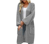EMATOP Damen Warm Strickjacke Lang Einfarbig Strickmantel Langarm Vorne Offen Cardigan Elegant Baumwolle Übergangsjacke mit Taschen Herbstjacke Mode Gestrickt Mantel Herbst Winter Pullover