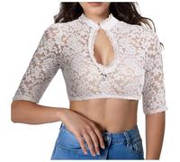 EMATOP Dirndl Bluse Damen Spitze Kurzarm Dirndlbluse Sexy V-Ausschnitt Trachten Oberteile Elegantes Bayrische Trachtenbluse Kurz Einfarbig Crop Tops für Oktoberfest Karneval Weiß/Schwarz
