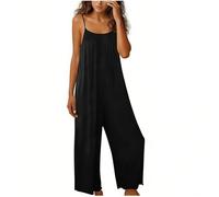 EMATOP Einteiler Overall Damen Sommer Lang Spaghetti Jumpsuit Sexy Ärmellos Playsuit Elegant Weites Bein Strampler Lässig Baumwolle Latzhose Einfarbig Mode Arbeitshose mit Taschen Romper