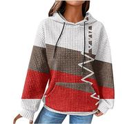 EMATOP Hoodie Damen Baumwolle Langarm Kapuzenpullover Sport Waffel Sweatshirt mit Kapuze Pullover Vintage Farbblock Pulli Oberteile Herbst Winter Warm Kapuzenpulli Langarmshirt Streetwear