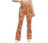 EMATOP Hose Damen Boho Strandhose Hippie Blumen Schlaghose Weites Bein Palazzo Sommerhose Elegant High Waist Bootcut Freizeithose Schön Blumen Druck Caprihose Elastische Taille Yogahose