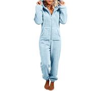 EMATOP Jumpsuit Damen Flauschig Einteiler Overall Teddy Fleece Schlafanzug Warm Winter Hausanzug Lang Kuschelig Schlafoverall Plüsch Einfarbig Onesie mit Kapuze Taschen Schlafanzug Homewear