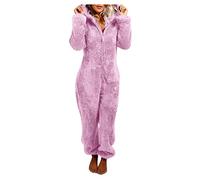 EMATOP Jumpsuit Damen Kuschelig Einteiler Overall Lange Warm Schlafanzug Teddy Fleece Schlafoverall Winter Flauschig Onesie Einfarbig Plüsch Hausanzug mit Kapuze Pyjama Anzug Ganzkörperanzug
