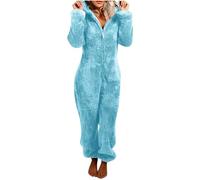 EMATOP Jumpsuit Damen Kuschelig Einteiler Overall Lange Warm Schlafanzug Teddy Fleece Schlafoverall Winter Flauschig Onesie Einfarbig Plüsch Hausanzug mit Kapuze Pyjama Anzug Ganzkörperanzug