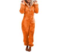 EMATOP Jumpsuit Damen Kuschelig Einteiler Overall Lange Warm Schlafanzug Teddy Fleece Schlafoverall Winter Flauschig Onesie Einfarbig Plüsch Hausanzug mit Kapuze Pyjama Anzug Ganzkörperanzug