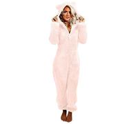 EMATOP Jumpsuit Damen Kuschelig Einteiler Overall Lange Warm Schlafanzug Teddy Fleece Schlafoverall Winter Flauschig Onesie Einfarbig Plüsch Hausanzug mit Kapuze Pyjama Anzug Ganzkörperanzug