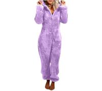 EMATOP Jumpsuit Damen Kuschelig Einteiler Overall Lange Warm Schlafanzug Teddy Fleece Schlafoverall Winter Flauschig Onesie Einfarbig Plüsch Hausanzug mit Kapuze Pyjama Anzug Ganzkörperanzug