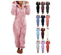 EMATOP Jumpsuit Damen Kuschelig Einteiler Overall Lange Warm Schlafanzug Teddy Fleece Schlafoverall Winter Flauschig Onesie Einfarbig Plüsch Hausanzug mit Kapuze Pyjama Anzug Ganzkörperanzug