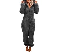 EMATOP Jumpsuit Damen Kuschelig Einteiler Overall Lange Warm Schlafanzug Teddy Fleece Schlafoverall Winter Flauschig Onesie Einfarbig Plüsch Hausanzug mit Kapuze Pyjama Anzug Ganzkörperanzug