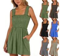 EMATOP Kurz Jumpsuit Damen Lässig Sommer Overall Ärmellose Elegant Trägerhose Mode U-Ausschnitt Latzhose Baumwolle Einfarbig Playsuit mit Taschen Einteiler Onesie Klassische Sommeroverall