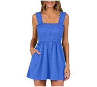 EMATOP Kurz Jumpsuit Damen Lässig Sommer Overall Ärmellose Elegant Trägerhose Mode U-Ausschnitt Latzhose Baumwolle Einfarbig Playsuit mit Taschen Einteiler Onesie Klassische Sommeroverall