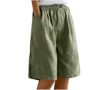 EMATOP Kurze Leinenhose Damen Sommer Leicht Shorts Knielang Stoffhose Casual Baumwolle Leinen Hose Locker Luftig Strandhose Elegant Einfarbiges Sommerhose Weites Hosen mit Taschen Sporthose