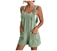 EMATOP Kurzer Jumpsuit Damen Casual Sommer Playsuit V-Ausschnitt Elegant Overall Lose Kurzarm Einteiler Latzhose mit Taschen und Gürtel Romper Klassisch Streifen Sommerhose Frauen Shorts