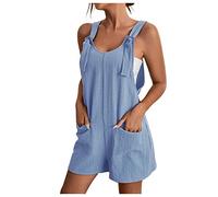 EMATOP Kurzer Jumpsuit Damen Casual Sommer Playsuit V-Ausschnitt Elegant Overall Lose Kurzarm Einteiler Latzhose mit Taschen und Gürtel Romper Klassisch Streifen Sommerhose Frauen Shorts