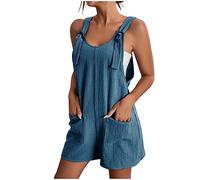 EMATOP Kurzer Jumpsuit Damen Casual Sommer Playsuit V-Ausschnitt Elegant Overall Lose Kurzarm Einteiler Latzhose mit Taschen und Gürtel Romper Klassisch Streifen Sommerhose Frauen Shorts