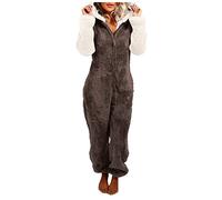 EMATOP Kuschel Jumpsuit Damen Warm Flauschig Schlafanzug Teddy Fleece Einteiler Overalls Winter Lang Pyjama mit Kapuze Reißverschluss Schlafoverall Kuschelig Weich Onesie Plüsch Hausanzug