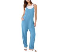 EMATOP Lang Latzhose Damen Arbeitshose Sommer Lose Overall Ärmelloser V-Ausschnitt Jumpsuit Leicht Bequem Playsuit mit Große Taschen Romper Einfarbig Elegant Trägerhose Lässig Sommeroverall