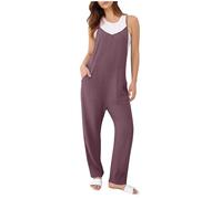 EMATOP Lang Latzhose Damen Arbeitshose Sommer Lose Overall Ärmelloser V-Ausschnitt Jumpsuit Leicht Bequem Playsuit mit Große Taschen Romper Einfarbig Elegant Trägerhose Lässig Sommeroverall