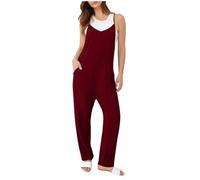 EMATOP Lang Latzhose Damen Arbeitshose Sommer Lose Overall Ärmelloser V-Ausschnitt Jumpsuit Leicht Bequem Playsuit mit Große Taschen Romper Einfarbig Elegant Trägerhose Lässig Sommeroverall