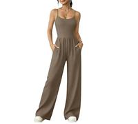 EMATOP Lang Overall Damen Elegant Jumpsuit Sexy Ärmellos Spaghetti Trägerhose Sommer Lässig Latzhose High Waist Playsuit V-Ausschnitt Mode Romper mit Taschen Onesie Bequem Weites Bein Sommerhose