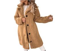EMATOP Lang Teddy Fleece Jacke für Damen Winter Warm Fleecejacke Elegant Einfarbig Winterparka Mantel Mode Revers Flauschjacke Bequem Langarm Winterjacke Knopfleiste Wollmantel Teddyjacke