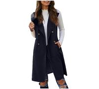 EMATOP Lang Weste Damen Ärmellose Elegant Blazer Jacke Leichte Einfarbig Trenchcoat mit Taschen Übergangsjacke Vintage Bequem Anzugjacke Business Longblazer Vorne Offen Anzugweste Cardigan