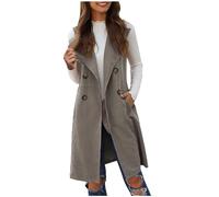 EMATOP Lang Weste Damen Ärmellose Elegant Blazer Jacke Leichte Einfarbig Trenchcoat mit Taschen Übergangsjacke Vintage Bequem Anzugjacke Business Longblazer Vorne Offen Anzugweste Cardigan