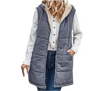 EMATOP Lang Weste Damen Warmer Daunenweste Ärmellos Casual Mantel Jacke mit Kapuze Steppweste Fleece Gefüttert Longweste Baumwolle Einfarbig Winterjacke mit Taschen Steppjacke für Herbst Winter