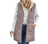 EMATOP Lang Weste Damen Warmer Daunenweste Ärmellos Casual Mantel Jacke mit Kapuze Steppweste Fleece Gefüttert Longweste Baumwolle Einfarbig Winterjacke mit Taschen Steppjacke für Herbst Winter