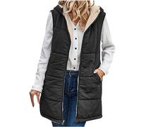 EMATOP Lang Weste Damen Warmer Daunenweste Ärmellos Casual Mantel Jacke mit Kapuze Steppweste Fleece Gefüttert Longweste Baumwolle Einfarbig Winterjacke mit Taschen Steppjacke für Herbst Winter